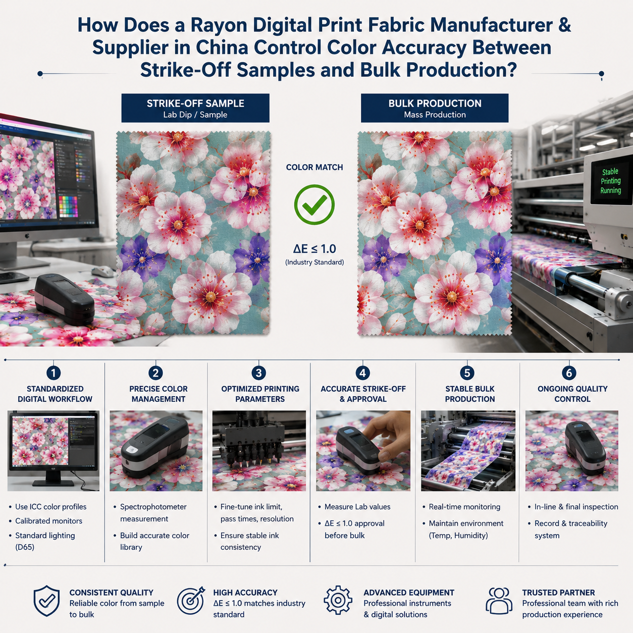 How Does a Rayon Digital Print Fabric Manufacturer & Supplier in China Control Color Accuracy Between Strike-Off Samples and Bulk Production?